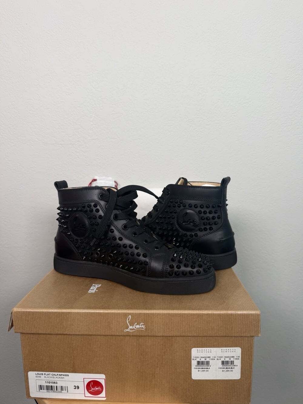 Christian Louboutin Black Leather Louis Spikes High Top Sneakers Size 39 Luxury